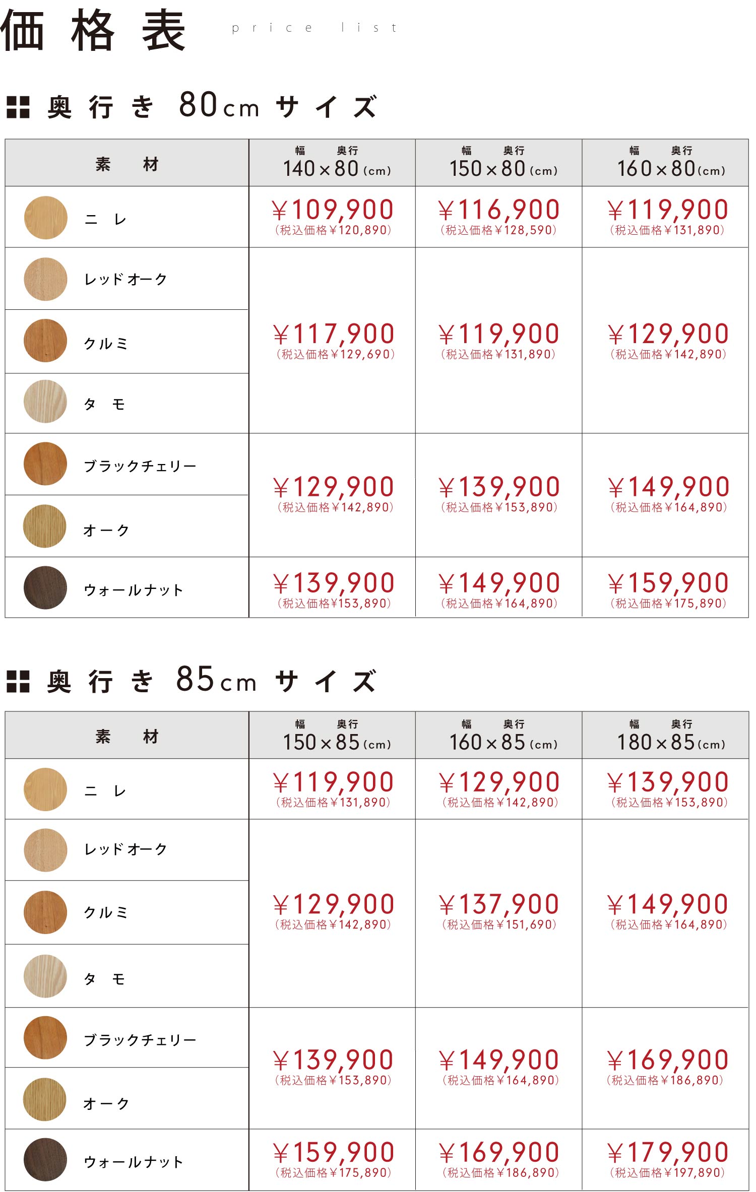 価格表。