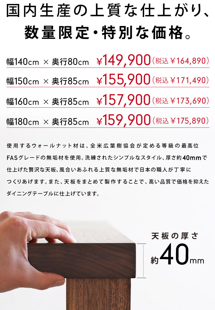 ウォールナット40 ストレート4脚ダイニングテーブル［SP-WN40