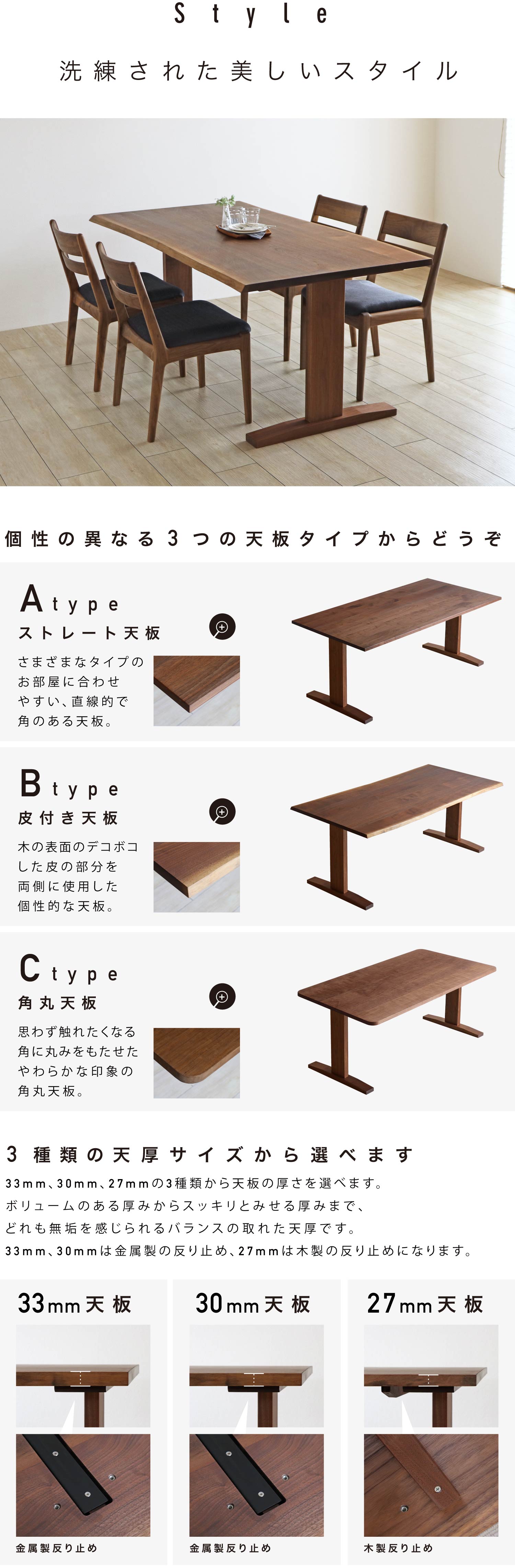 �����I�Ŋp�̂���X�g���[�g�V�ƁA�؂̕\�ʂ̃f�R�{�R������̕������g�p������t���V�A�p�Ɋۂ݂������������炩�Ȉ�ۂ̊p�ۓV��3�^�C�v���炨�I�т��������܂��B�܂��A�V�̌�����33mm�A30mm�A27mm��3��ނ��炨�I�т��������܂��B