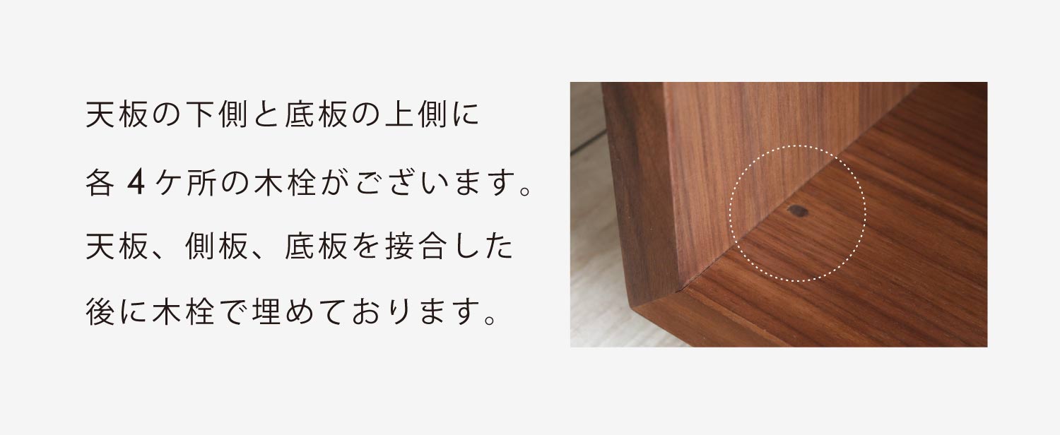 天板の下側と底板の上側に各4ヶ所の木栓がございます。