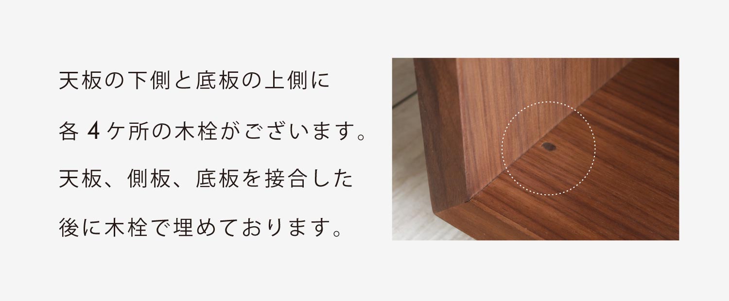 天板の下側と底板の上側に各4ヶ所の木栓がございます。