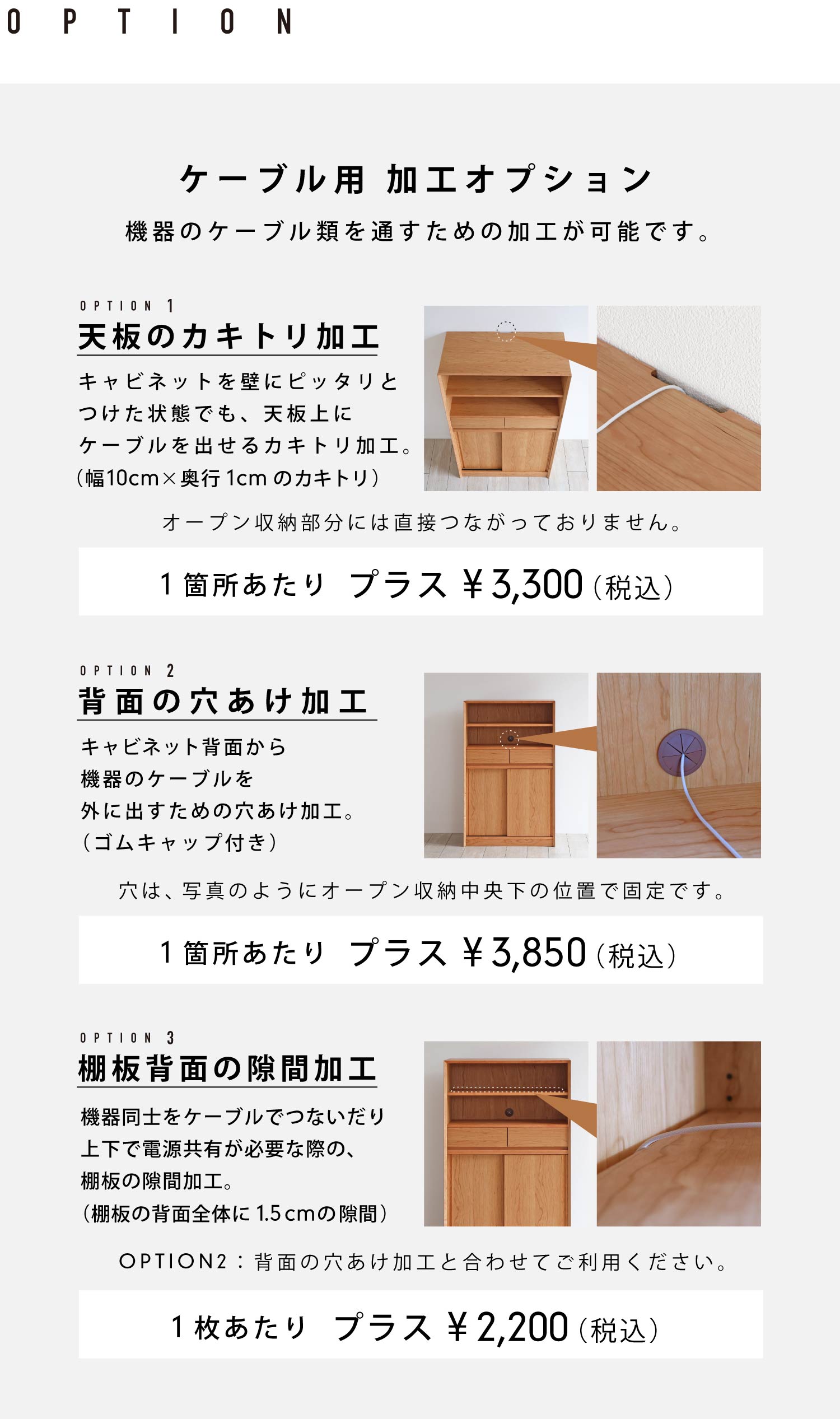 ケーブル用 加工オプション(機器のケーブル類を通すための加工が可能です)