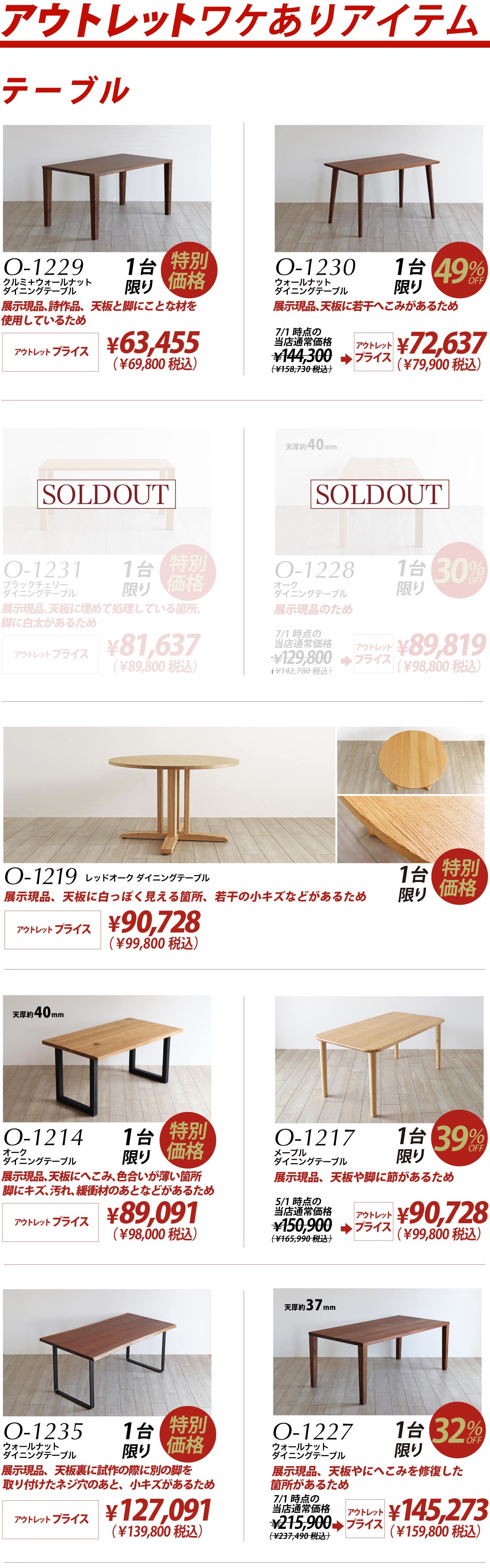 ダイニングテーブル・リビングテーブル：大幅値下げ！特別価格（数量限定お買得アイテム／アウトレットアイテム）